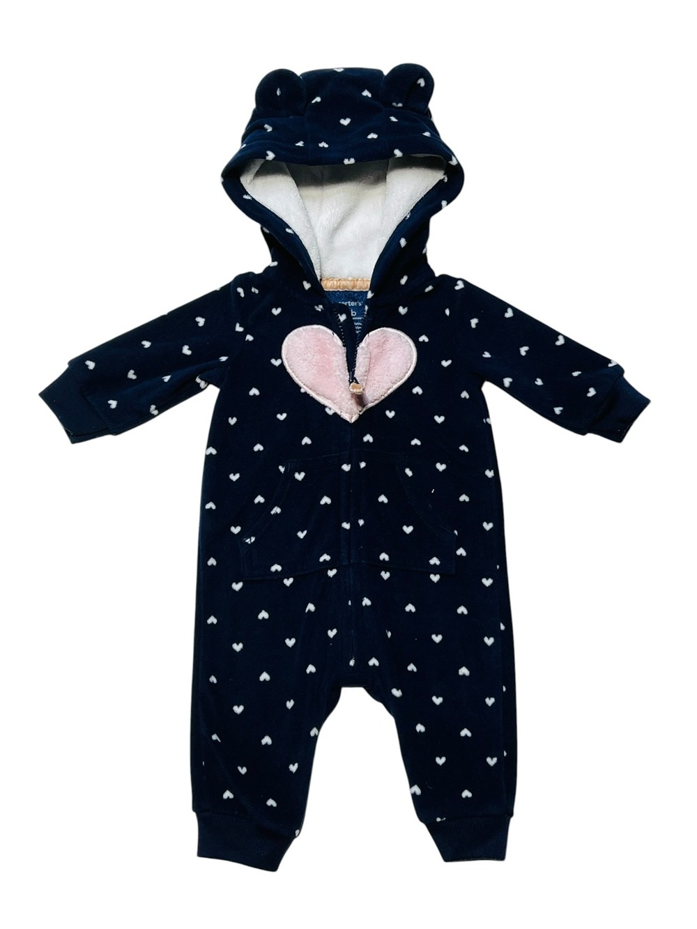 Carter's Newborn Fleece Navy One-Piece Footie‎ with Pink Heart Applique